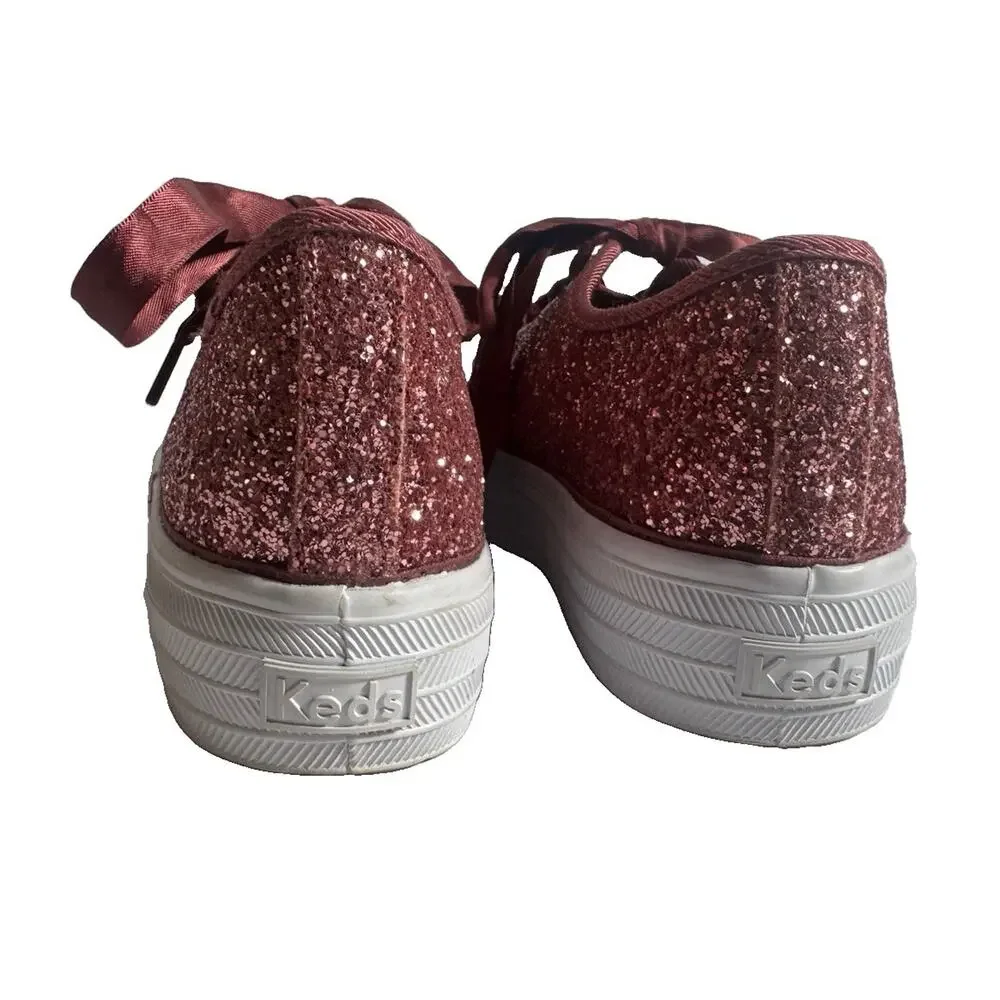 Keds Girls Pink Glitter Platform Sneakers Satin Ribbon Lace Shoes Youth Size 1